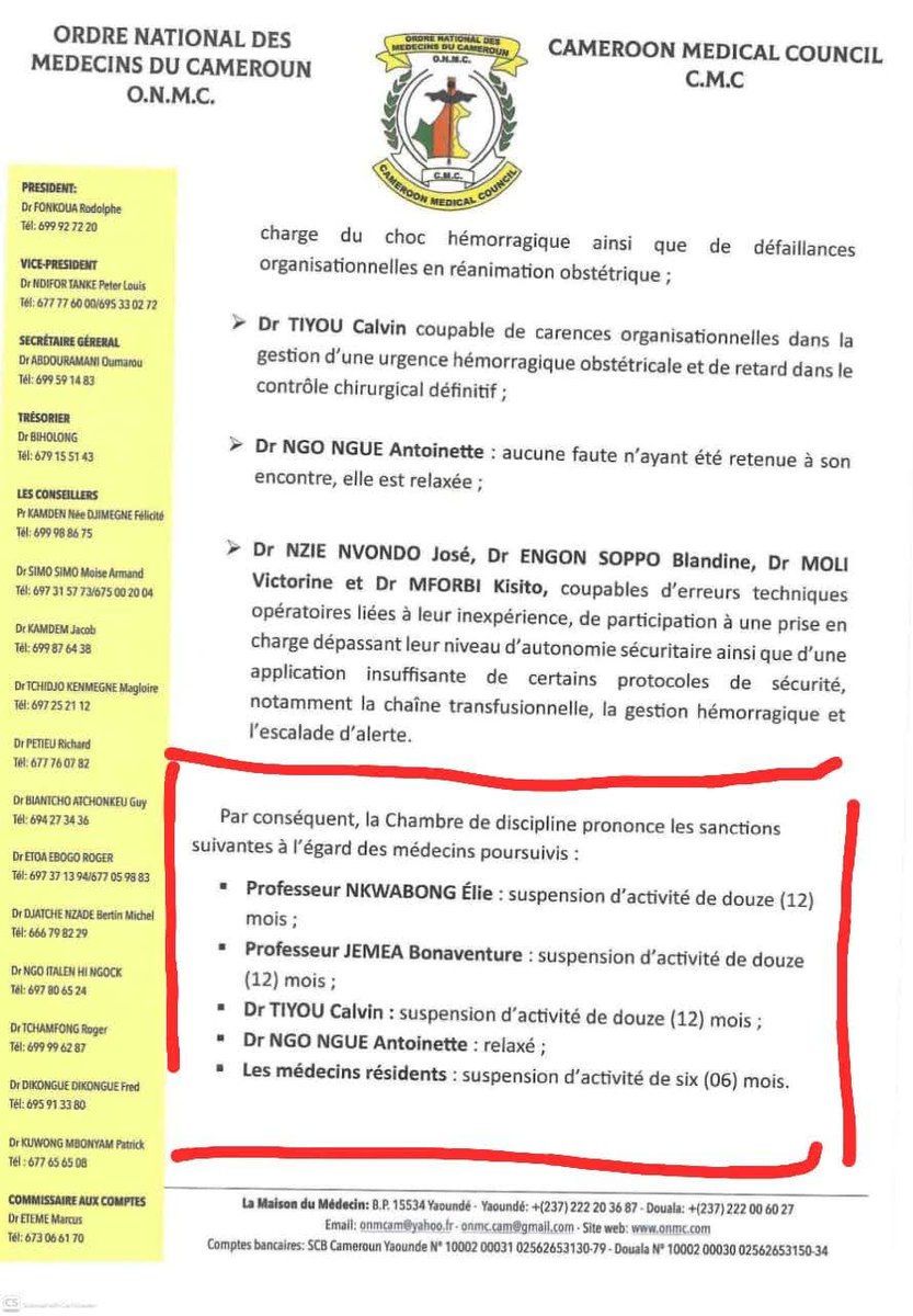 TheCameroonianZ's tweet photo. Des médecins suspendus au #Cameroon suite au décès du Dr Mbengono Barbara Nancy Hilary au CHU de Yaoundé.

© : Ordre National des Médecins du Cameroun (ONMC) https://t.co/PGiOdfBGVS