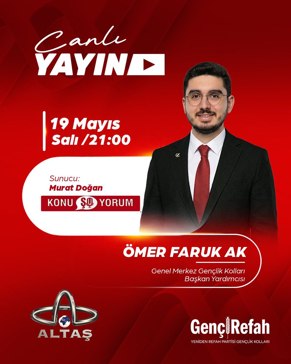 gencrefah's tweet photo. Tanıtım ve Medya Başkanımız Ömer Faruk AK;

🗓️ 19 Mayıs Salı günü
⏰ 21.00’de
📺 Altaş TV ekranlarında 

Gazeteci Murat Doğan’ın sunduğu Konuşuyorum programına konuk olacak. https://t.co/qqZZymgdw9