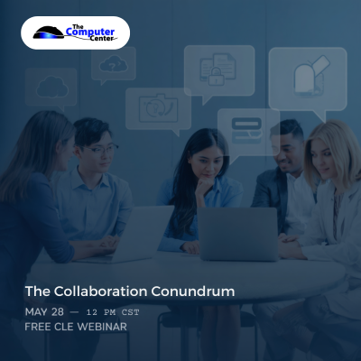TCCJvl's tweet photo. Is your law firm collaborating securely? 
Join The Computer Center for:
The Collaboration Conundrum
May 28
12 PM CST

FREE CLE-pending webinar on:
• Microsoft 365 security
• Teams &amp; file sharing
• Excessive access risks

Register: https://t.co/fI6EJOGEC3 https://t.co/F21y0bOE3X