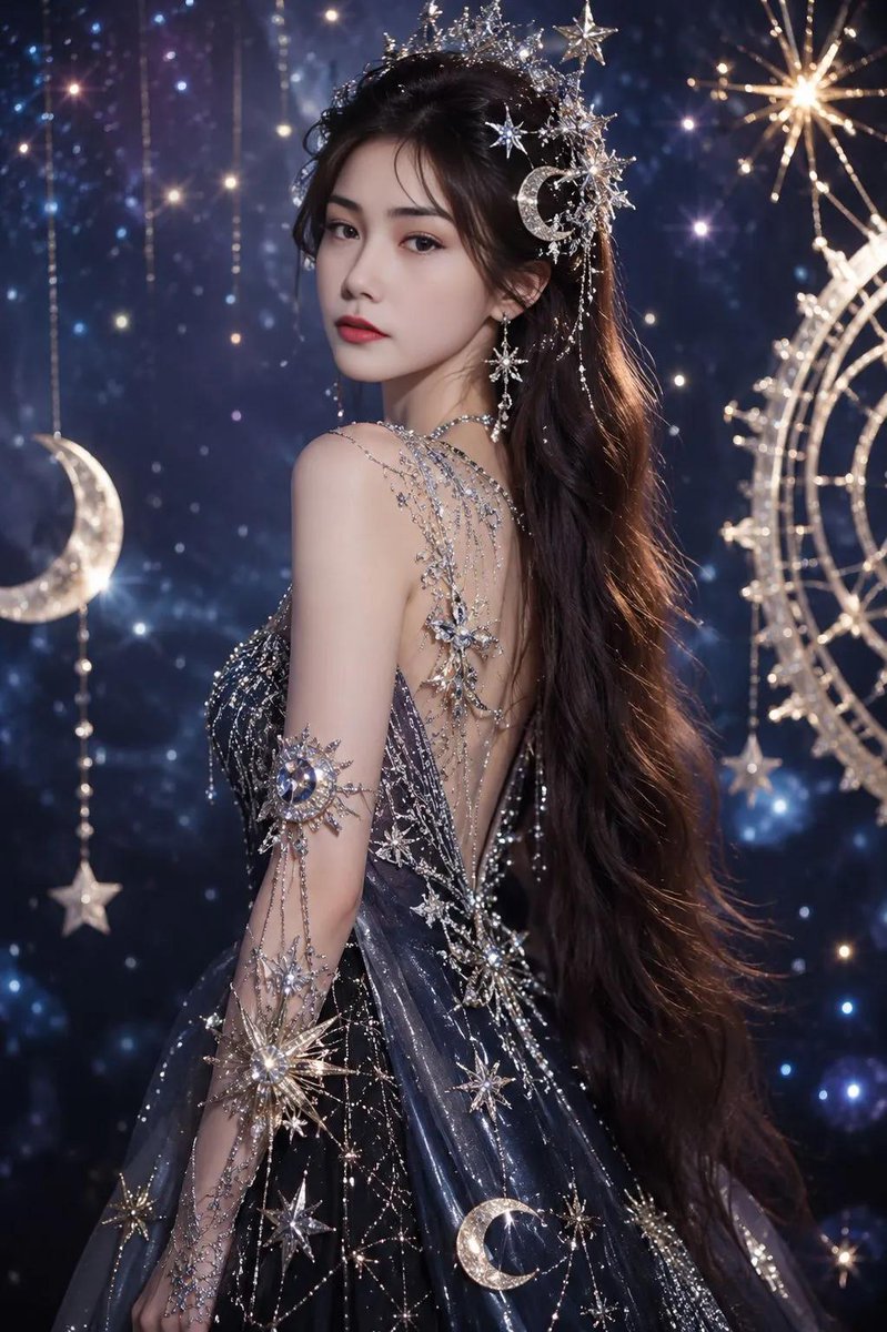 CaliraVal's tweet photo. Created with Gpt image 2.0

Prompt:

Ultra-realistic cinematic fashion portrait of a beautiful young Asian woman wearing an extravagant luxury celestial gown with elegant galaxy-inspired details, shimmering silver and midnight-blue fabric, sparkling crystal embroidery, glowing star patterns, moon and constellation ornaments attached to the dress, long silky flowing dark brown hair styled elegantly with luxurious celestial hair accessories such as crystal stars, moon crowns, and diamond galaxy pins, flawless fair porcelain skin, soft glamorous makeup, glossy lips, long eyelashes, graceful feminine facial features, standing confidently like a high-fashion runway model, elegant model pose, dramatic luxury atmosphere, ethereal lighting, dreamy celestial background filled with glowing stars and cosmic sparkles, ultra detailed, fashion editorial photography, luxury fantasy aesthetic, cinematic composition, soft volumetric lighting, depth of field, 8k masterpiece.