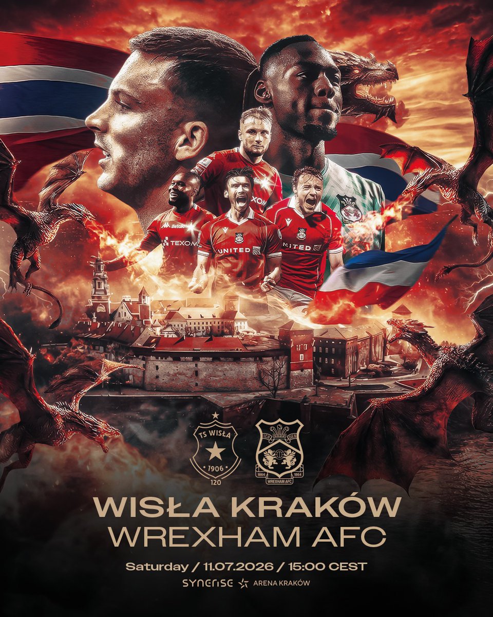 Wrexham_AFC's tweet photo. Congratulations to @WislaKrakowSA on winning promotion to Ekstraklasa 👏

We've already sold more than 1,000 tickets for our visit to the Synerise Arena Kraków and you can get yours ⬇️

🔴⚪ #WxmAFC