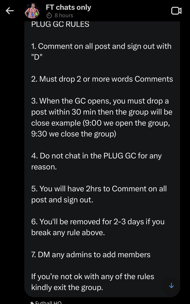 Imagine adding people to engagement groups like it's military training  camp  Retweet by 9am, 12pm and 8pm or you'll be banned for 30 days   brother this is X not secondary
