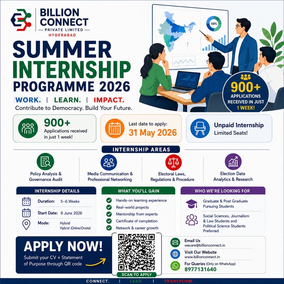 BillionConnect_'s tweet photo. We are happy to share that Billion Connect has already received 900+ applications in just one week for its Summer Internship Programme 2026.

This is a learning-based, unpaid internship designed for graduate and postgraduate students who wish to gain practical exposure in:

✅ Policy Analysis & Governance Audit
✅ Media Communication & Professional Networking
✅ Electoral Laws, Regulations & Procedure
✅ Election Data Analytics & Research

📌 Duration: 5–6 weeks
📌 Start Date: 8 June 2026
📌 Mode: Hybrid
📌 Last Date to Apply: 31 May 2026
📌 Limited Seats Available

Interested students may submit their CV and Statement of Purpose through the QR code given in the poster. Or click the Google Form Link and apply: https://t.co/D6xZKutCRz

Work. Learn. Impact.
Contribute to democracy. Build your future.

#BillionConnect #SummerInternship2026 #InternshipOpportunity #PolicyResearch #Governance #ElectionStudies #PoliticalConsultancy #DataAnalytics #PoliticalScience #YouthLeadership #Hyderabad #StudentsOpportunity