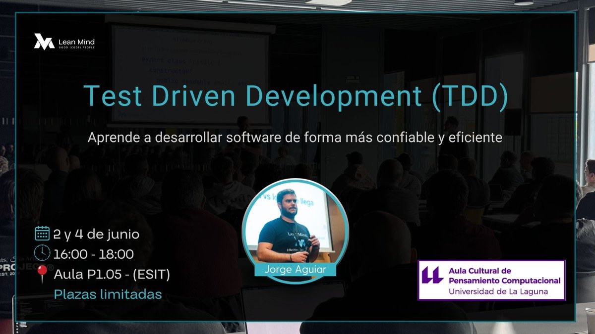 leanfulness_es's tweet photo. 💫Comenzamos una nueva colaboración con la @ULL  con un taller gratuito de Test-Driven Development (TDD) impartido por @jotamusik ✨

Gracias al Aula Cultural de Pensamiento Computacional y a la ESIT por su confianza y apoyo.

Plazas limitadas 👇
https://t.co/Cm6lQPopQP https://t.co/yqZyGMapk2