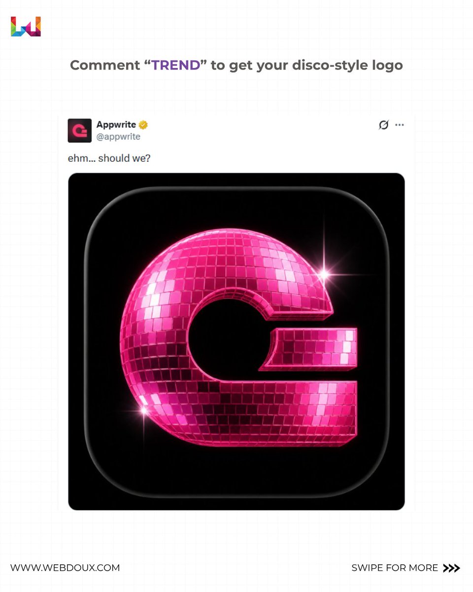 Webdoux's tweet photo. ✨ The internet is officially entering its Discomorphism era.
From flat logos to glossy disco-ball aesthetics  everyone’s giving their brand a shiny new glow. 🪩⚡

Comment “TREND” to create yours.

#trend #disco #Spotify #chatgpttips #logodesigns https://t.co/yG8NNpnXDf