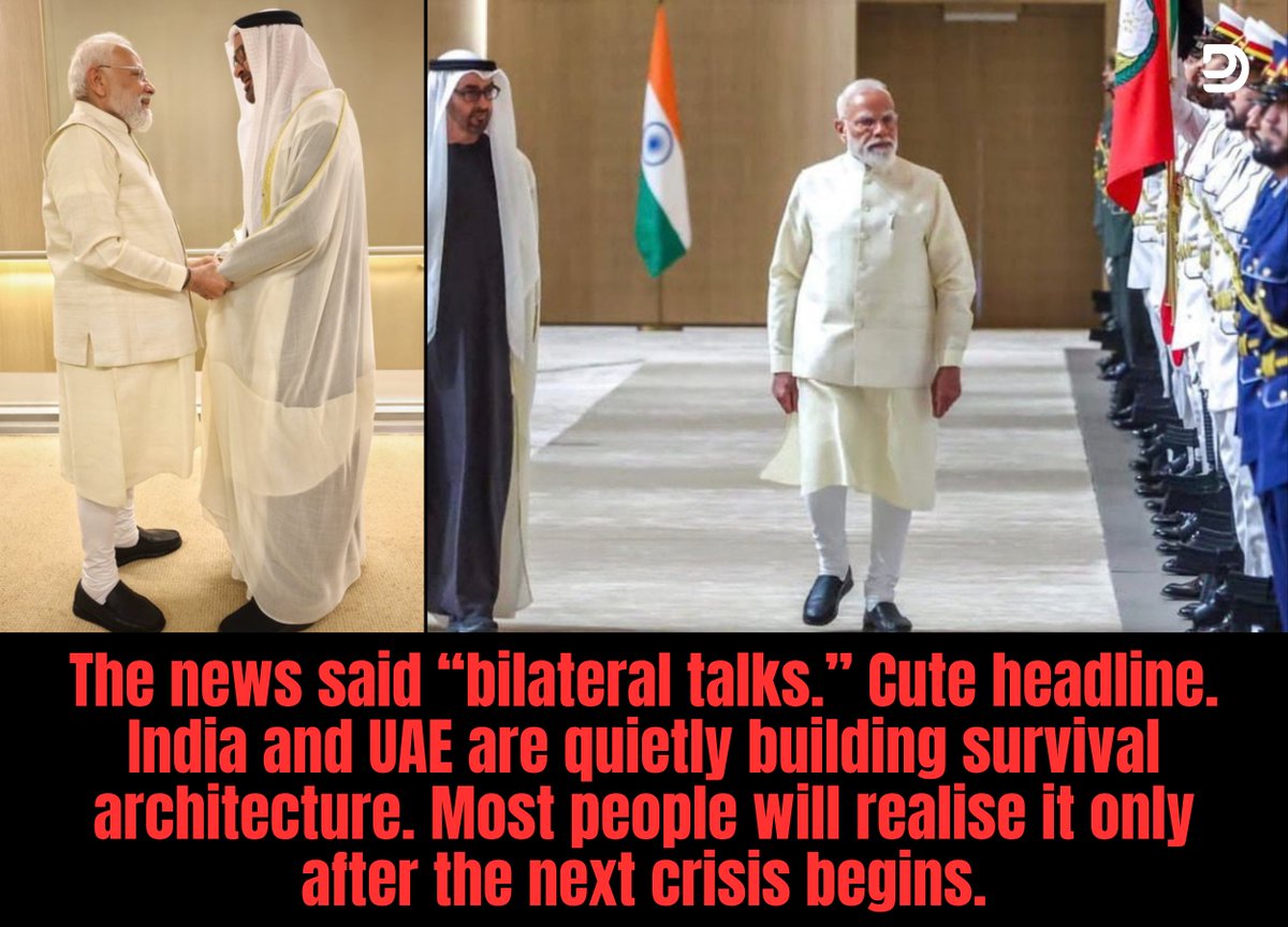 md_deepesh's tweet photo. The strangest thing about the Iran crisis?
MBZ visited India before the war.
Modi visited UAE after the war.

Both meetings lasted shorter than a Netflix movie.

Either this is coincidence.
Or somebody already knew the map was about to burn.

Because wars do not begin when missiles fly.

They begin quietly.
Inside rooms without cameras.

The MoUs were signed months earlier.
The routes were mapped earlier.
The fallback systems were prepared earlier.

Then the war arrived.

January 19, 2026.
MBZ lands in India.
In and out within hours.

February 28.
US and Israel strike Iran.
Operation Epic Fury begins.

May 15.
Modi lands in UAE.
Two hours. 
Gone.

A handshake before the fire.
A handshake after the smoke.

That is not diplomacy.
That is continuity planning.

Wars are loud.
Real alignments are silent.

Now watch what they quietly built.

Dholera. 
Gujarat.
Called a “smart city.”

Cute description.

Airport.
Port.
Aircraft MRO.
Pilot training.
Semiconductor infrastructure.

All backed by UAE money.
Facing the Gulf of Oman.

If Hormuz collapses tomorrow…
Dholera becomes the artery.

Then came the clause nobody discussed.

Digital Embassies.

UAE sovereign data.
Stored on Indian soil.
Protected under sovereign immunity.

If UAE burns in a regional war…
Its financial nervous system survives inside India.

That is not cloud storage.
That is continuity of state architecture.

Then came the machine.

8 exaflops.
CDAC and G42.

People called it AI cooperation.

Sure.

G42 has deep American intelligence links.
8 exaflops is not for weather reports.

That is battlefield scale computation.
Signals. 
Simulation. 
Surveillance.

And it sits in India.

Then the oil.

30 million barrels of UAE crude.
Stored underground in India.

Officially?
Energy security.

Unofficially?

If Gulf ports are hit…
UAE’s strategic reserves survive here.

Oil.
Data.
AI compute.
Logistics.

Quietly relocating into Indian territory.

This is not trade.

This is strategic duplication of a nation’s survival systems.

India gets leverage.
Ports.
Capital. 
Access. 
Influence.

Funded by UAE sovereign wealth.

Two countries are not becoming allies.
They are wiring their nervous systems together.

Now ask the dangerous question.

When a nation moves its oil…
Its data…
Its strategic infrastructure…
Into another country’s borders…

What exactly does it believe is coming?

And what does India become… 
when it holds all of it?