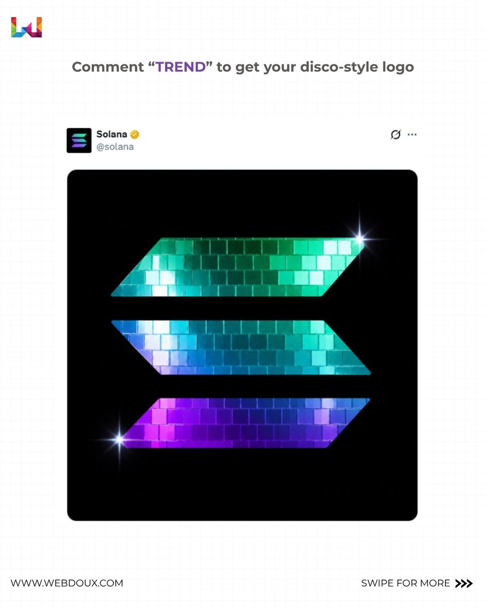 Webdoux's tweet photo. ✨ The internet is officially entering its Discomorphism era.
From flat logos to glossy disco-ball aesthetics  everyone’s giving their brand a shiny new glow. 🪩⚡

Comment “TREND” to create yours.

#trend #disco #Spotify #chatgpttips #logodesigns https://t.co/yG8NNpnXDf
