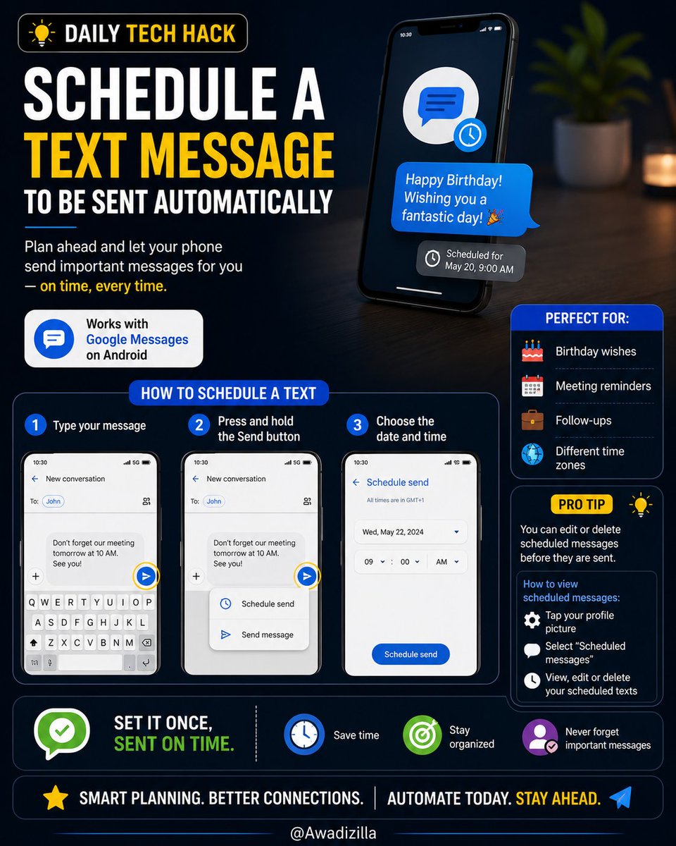 Awadizilla's tweet photo. 📱💡 Daily Tech Hack
Schedule a text message 2 be sent automatically
In Google Messages: 1️⃣ Type your message
2️⃣ Press and hold the Send button
3️⃣ Choose the date and time
Perfect for: 🎂 Birthday wishes 📅 Meeting reminders 💼 Follow-ups 🌍 send 2 people in different time zones https://t.co/XxpGpYuXux