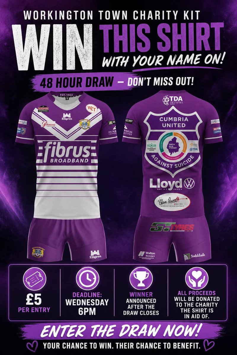 WorkingtonTown's tweet photo. 💜 Enter the raffle now and get your own shirt with your own name on! 
⏳ Closing date Wednesday 20th, 6pm
https://t.co/mTEvsqhLUo https://t.co/yMJiBveuYa
