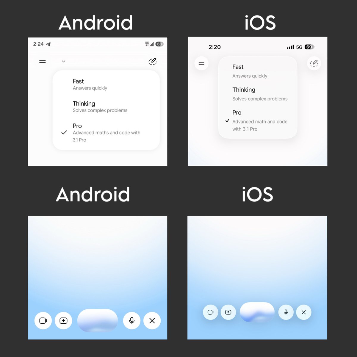 New Gemini app UI on Android vs iOS