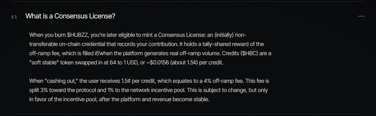 MMQL0312's tweet photo. Burn $HUBZZ to become eligible for a Consensus License that shares platform cash-out fees as Hubzz grows.

$HBC cash-outs (~1.5¢ per credit) have a 4% fee:
• 3% to protocol
• 1% to incentive pool

Later, licenses may also be redeemable for a share of future $HBZ releases. https://t.co/fjwJVIslHq