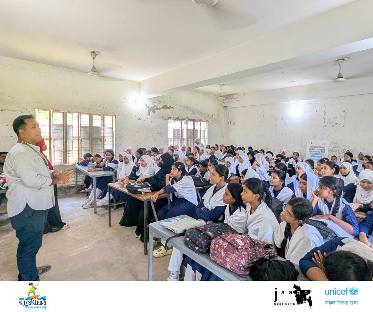 JAAGOFoundation's tweet photo. Young voices are strongest when they are heard, informed, and empowered. 

Under the Shopner Sharothi – Seashore Girls Initiative, awareness sessions on Mapping Outcomes, Service Directory, and Youth-Friendly Services were successfully conducted in three schools across Cox’s Bazar, engaging 750 students in meaningful conversations around early marriage, climate change, and gender-based violence.

Through interactive discussions and open sharing, adolescent girls expressed their experiences, opinions, and concerns while learning about available support services and the importance of making informed decisions for their future. 

These sessions created a safe space where young people could speak up, learn together, and become more aware of their rights, protection, and opportunities—building confidence to become advocates for positive change within their schools and communities. 
The Shopner Sharothi–Seashore Girls Project is implemented by JAAGO Foundation Trust and supported by @UNICEFBD.

#ShopnerSharothi #SeashoreGirls #SkillsRightNow #JAAGOFoundation #UNICEFBangladesh