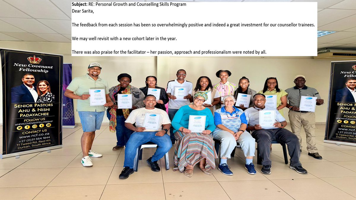 LifeLineDurban's tweet photo. LifeLine Durban is proud to have partnered with The New Covenant Fellowship Church to facilitate our Personal Growth and Counselling Skills program for their dedicated leadership team. Congratulations to the team on the successful completion of the program! https://t.co/J49ji8KvQr