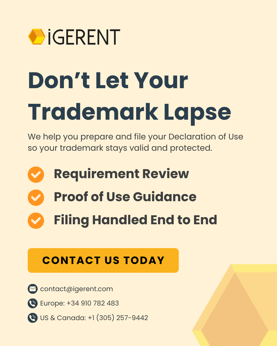 igerent's tweet photo. Trademark maintenance doesn’t stop after registration.

See how we can help businesses handle Declaration of Use filings worldwide 👇

https://t.co/X7b4cAkKMf

#BrandProtection #TrademarkLaw https://t.co/5ZWN6Od0Fm