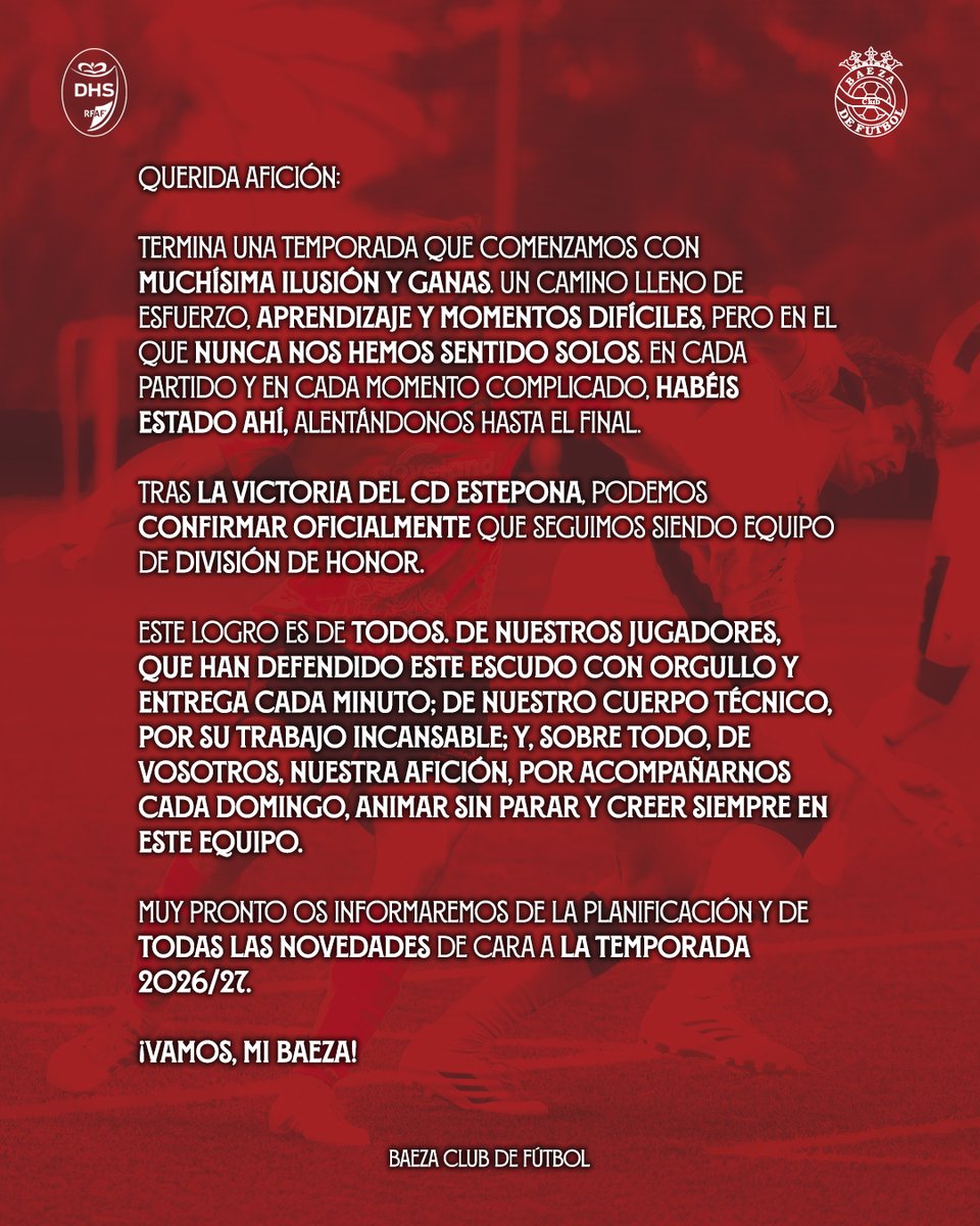 BAEZACF's tweet photo. ¡Objetivo conseguido!

Tras una temporada de lucha, esfuerzo y unión, podemos decir orgullosos que seguiremos siendo equipo de DIVISIÓN DE HONOR.

Gracias a jugadores, cuerpo técnico y, sobre todo, a nuestra afición por no dejarnos solos nunca.

¡Vamos, mi Baeza! https://t.co/WJW5oKvs1M