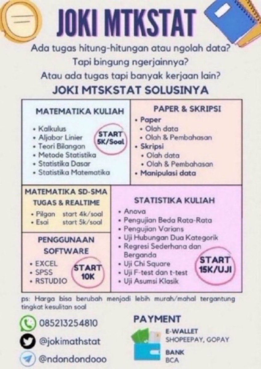 jokimathstat's tweet photo. Open Joki Tugas dan Realtime Metode statistika &amp; MTK
• Ujian Masuk
• tes Ujian MTK
• validitas reliabilitas
• regresi korelasi
• Paper &amp; Skripsi
• excel spss eviews

Hub https://t.co/OmknF98AFT

Dikerjain lulusan STATISTIKA ipk 3,8 #zonauang #joki #jokistatistika #jokimtk https://t.co/Pa74OZpZR2