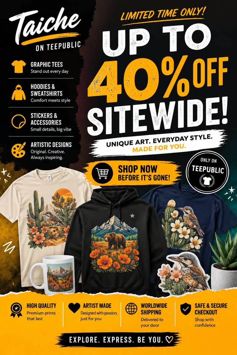 TaicheTees's tweet photo. 🔥 Up to 40% Off Sitewide at Taiche on TeePublic! 🔥Shop graphic tees, nature-inspired apparel, streetwear designs, artistic t-shirts, stickers, hoodies, and more — all at limited-time sale prices.
#TeePublic #GraphicTees #Streetwear #TShirtSale #Fashion https://t.co/iId8EKlLTW https://t.co/MGaF5TnQna