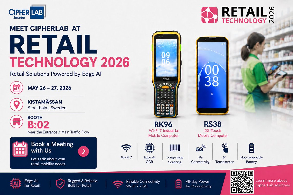 CipherLab's tweet photo. Meet CipherLab at Retail Technology 2026in Stockholm.

Explore retail mobility solutions featuring RK96 and RS38.

📅May 26–27, 2026
 📍 Kistamässan, Stockholm
📌Booth B:02

Book a meeting with us and get your free ticket:
https://t.co/fLD3NPzgwk.. https://t.co/cO67Em3DR4