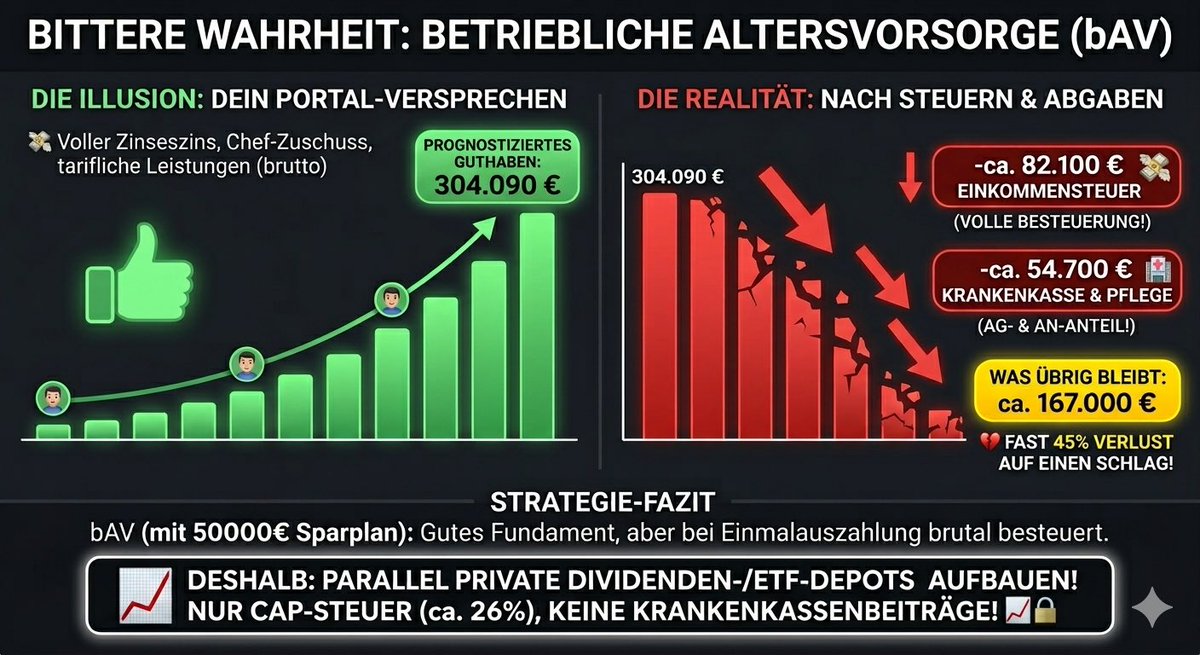 libertas_HH's tweet photo. Die bittere Wahrheit über die betriebliche Altersvorsorge:

Du sparst jahrzehntelang 500€ monatlich vom Brutto.
Der Arbeitgeber zahlt dazu.
Im Portal stehen irgendwann über 300.000€.

Viele denken:
„Perfekt. Einmal auszahlen lassen und genießen.“

Doch genau dann kommt der Schock.

Bei einer Einmalauszahlung greifen:
• Einkommensteuer
• Krankenversicherung
• Pflegeversicherung

Von 304.000€ bleiben nach heutigem Recht im Extremfall nur rund 167.000€ netto übrig.

Fast die Hälfte geht an Staat und Sozialabgaben.

Die bAV kann sich wegen Arbeitgeberzuschüssen trotzdem lohnen.
Aber viele unterschätzen die massive Belastung bei der Auszahlung.

Deshalb niemals nur auf die bAV setzen.
Ein privates ETF- oder Dividenden-Depot gehört für mich zusätzlich dazu.

Auf private Kapitalerträge fallen keine Krankenkassenbeiträge an. 📈