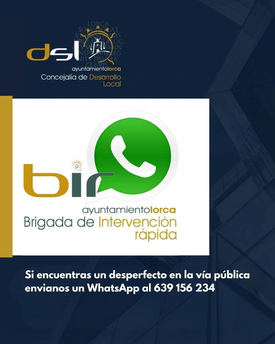CDLLorca's tweet photo. 🛠️ ¿Has detectado algún desperfecto en la vía pública?

Tu aviso es clave👇

📲 Envíanos un WhatsApp al 639 156 234 con:
📍 Ubicación exacta
📸 Imagen del problema

👷‍♂️ El equipo del BIR lo revisará y actuará a la mayor brevedad posible.

Entre todos, cuidamos Lorca. 

#Lorca #BIR https://t.co/a2oVwWgTkV