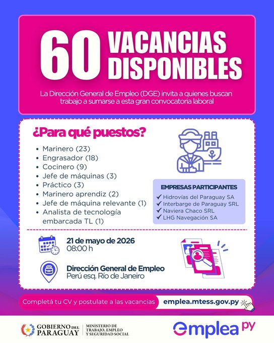 ParaguayTVHD's tweet photo. #EmpleaPy Oportunidades laborales en sector naviero.
La Dirección Gral de Empleo convoca a personas interesadas en incorporarse laboralmente al sector naviero.
🗓️Jueves 21 de mayo, desde las 08:00, 📍sede de la Dirección Gral de Empleo, ubicada en Avda. Perú y Río de Janeiro. https://t.co/be8t3RkjDP