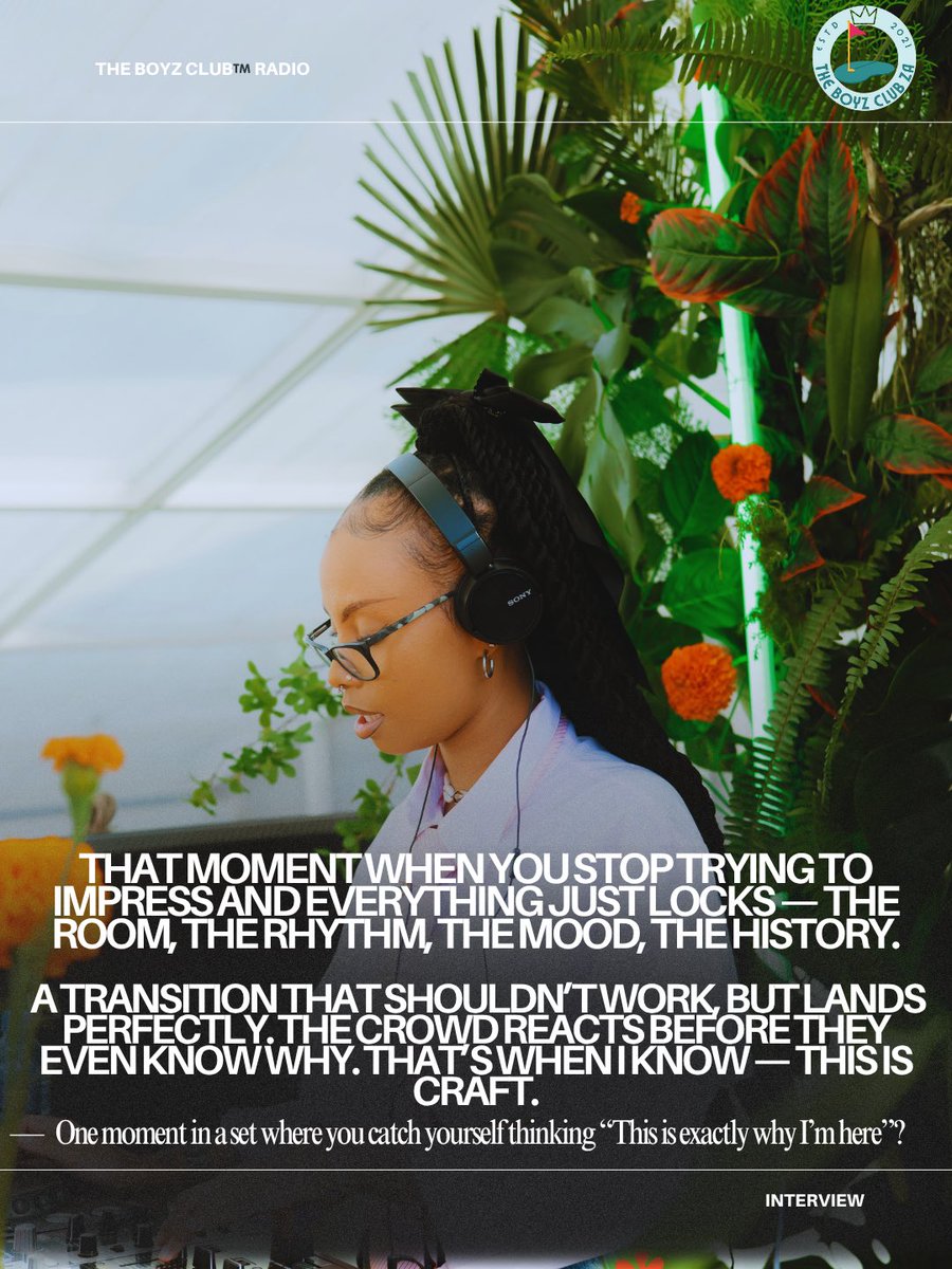 theboyzclub_za's tweet photo. SELEKTOR OF THE MONTH VOL.5 — NELO DJ ⛳️🎧
Beyond the decks: instinct, timing, taste.
A conversation on sound, crowd energy, early influences, and the quiet discipline behind reading a room.
Now live.
#SelektorOfTheMonth #NeloDJ #TheBoyzClub #SAMusic #Afrobeats #HipHop #RNB https://t.co/wNSAJaFBMp