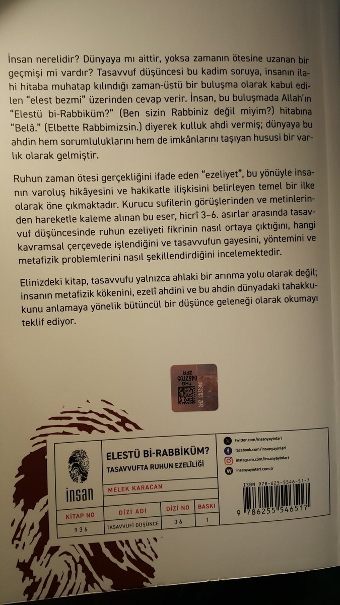 lazamani's tweet photo. İnsan nerelidir? Ruh ezelî midir yoksa hâdis mi? "Elestü Bi-Rabbiküm" (Ben sizin Rabbiniz değil miyim?) isimli kitabında Melek Karacan bu konuyu ele alıyor. İnsanın mahiyet ve kökenine dair sûfilerin derinlikli fikirlerini öğrenmek isteyenler için kıymetli bir eser. https://t.co/ZPEffZDnDE