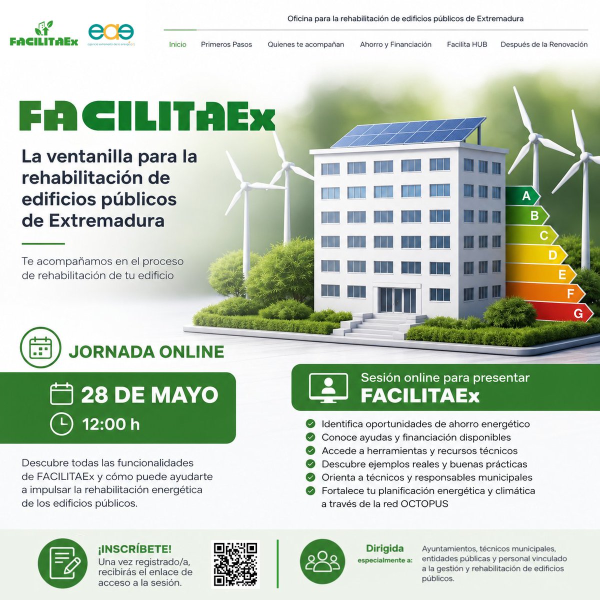 AGENEXORG's tweet photo. 🔔¿No pudiste asistir al lanzamiento de FACILITAEx? Toma nota:

📆 28 mayo | 🕛 12:00 h
Presentaremos los servicios de esta ventanilla única para apoyar la rehabilitación energética de edificios públicos de Extremadura🏢

Inscríbete a la jornada online 👇
https://t.co/S4QUSHBNAe https://t.co/TekTLMBFmS