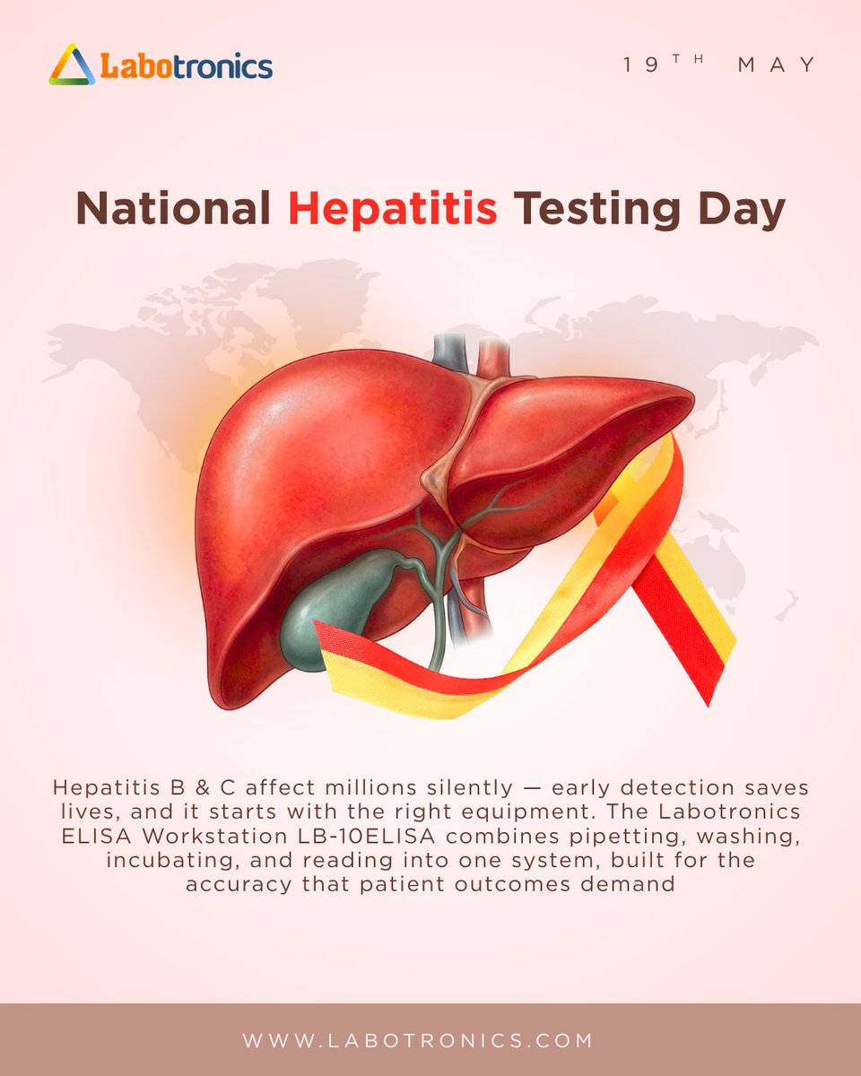 Labotronics's tweet photo. This National Hepatitis Testing Day, detect what others miss — the Labotronics ELISA Workstation LB-10ELISA automates your screening workflow from start to finish.
info@labotronics.com
Learn More: https://t.co/ozq0WWa5rP
#Labotronics #ElisaWorkstation #HepatitisAwareness https://t.co/93gfSNE4my