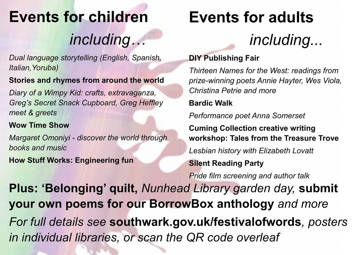 pdh100100's tweet photo. Southwark Library Festival of Words. From 4th - 6th June 2026...PLS RP... @WorgInfo @lovesnowsfields @ChrisHaydon1 @reee_create @DavidParton_ @NatashaEnnin @MichaelSitu @TheBlueMarket @SwarkPensioners @telegraphhillc1 @InspTomCornish https://t.co/6m4OnZs1OG
