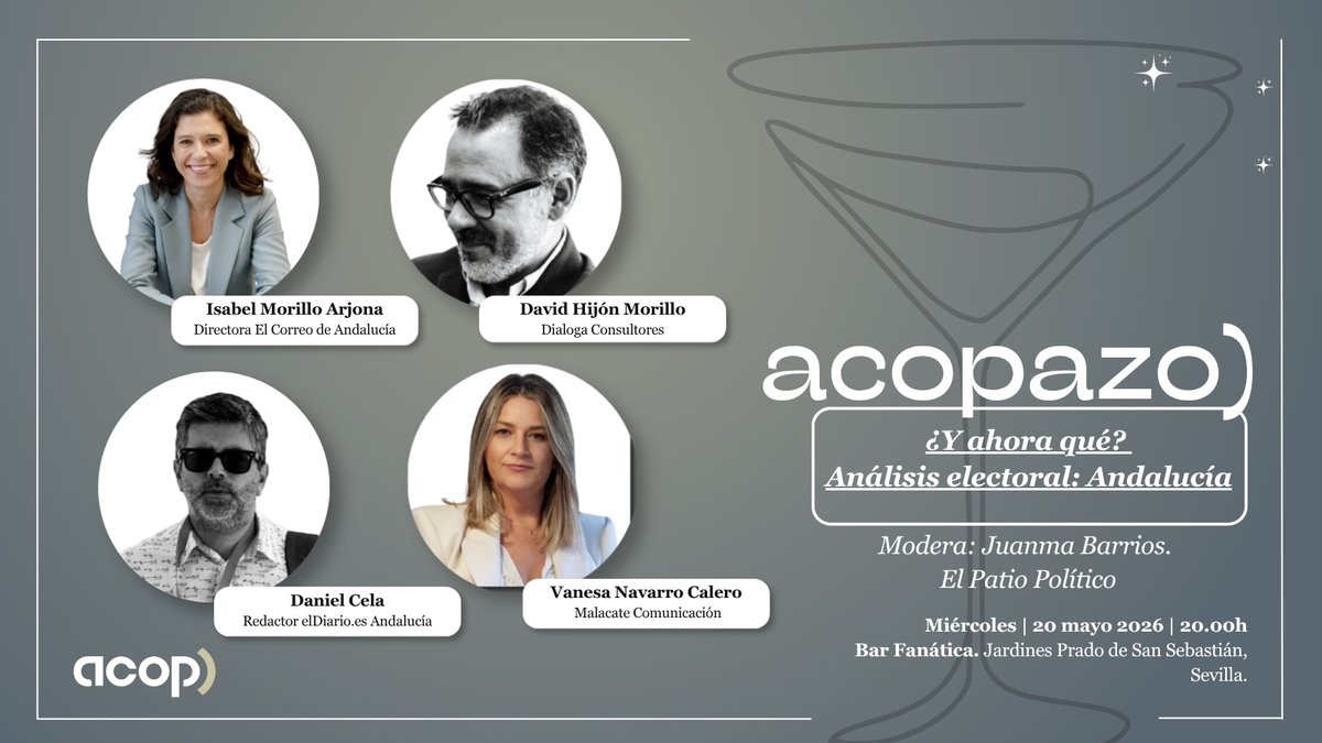 compolitica's tweet photo. 🗳️ ¿Y ahora qué?

El miércoles analizamos las elecciones andaluzas en el #ACOPazo de Sevilla.

🎙️ @2imori · @dhijon · @DaniCela8 · @_VanesaNavarro 

Modera: Juanma Barrios (@elpatiopolitico)

📍 Bar Fanática · Sevilla | 🕗 20:00h

👉 Inscríbete: https://t.co/E55U5novCC https://t.co/N56rIxfLJm