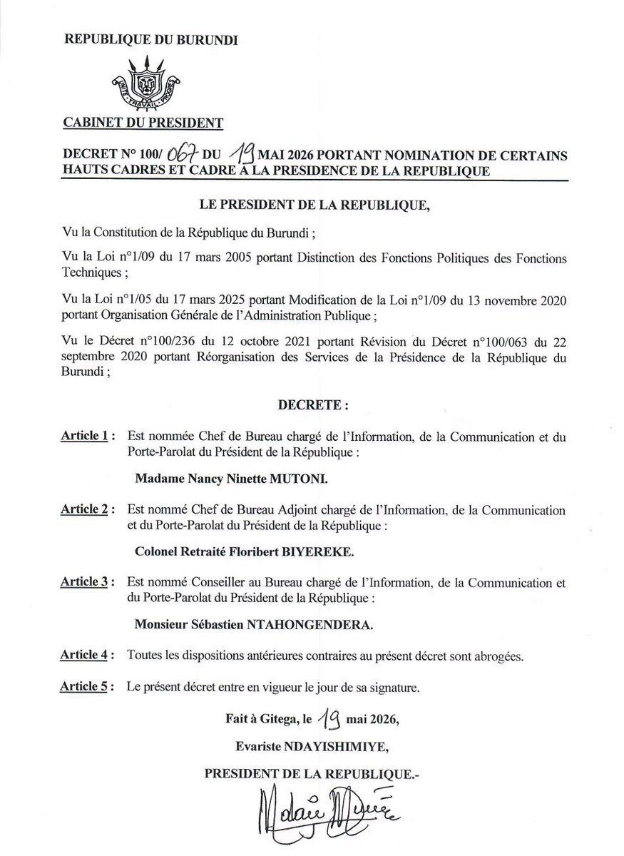 urwaruka's tweet photo. Nommination de Mme @nancymutoni à la tête du bureau en charge de l'information, de la communication et du porte-parolat du Président de la République @GeneralNeva.

L’équipe de @urwaruka la félicite et lui souhaite plein succès dans ses nouvelles fonctions.

#InspiringYouthDaily https://t.co/nJB4Hgci1f