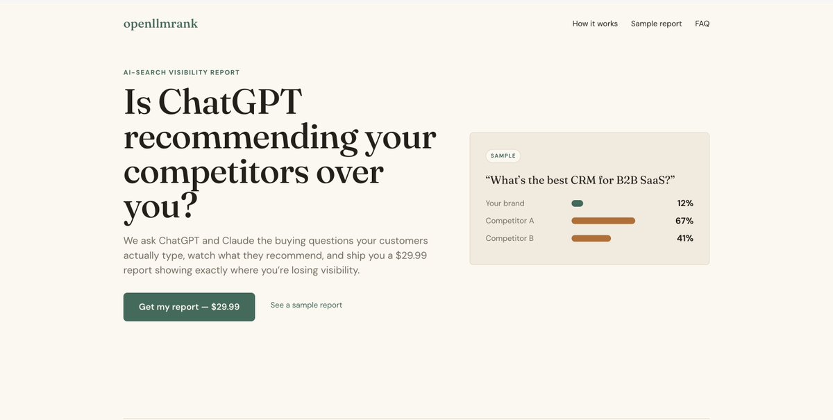 mark_is_here's tweet photo. I've added a UI for those who don't want to use a cli to generate a report on https://t.co/hQmTIF9o0q 

Goal: When a buyer is looking for a solution like yours, does your product come up? https://t.co/jdYuIKBNEU