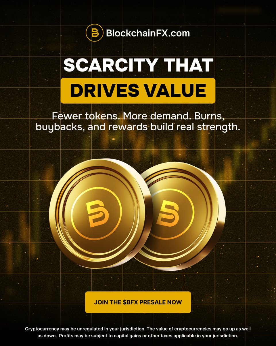 BlockchainFXcom's tweet photo. 📈 Scarcity that drives long-term value.

Burns, buybacks, and rewards are designed to strengthen $BFX.

Join the presale now 👉 https://t.co/FoRy1CtX2K

#BFX #BlockchainFX #Crypto #Presale #CryptoCurrency https://t.co/qej8uGCZ46