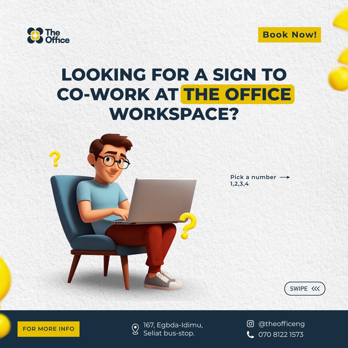 theofficeng_'s tweet photo. Looking for a sign to co-work with us? Pick a number and discover why everyone is moving to the office workspace. 

Book a spot today via the link in our bio or visit us at 167, Egbeda -Idimu road, Seliat busstop. 

#coworking #coworking_space #workspaceinlagos #workspaceinegbeda https://t.co/5gvCHDXFmP