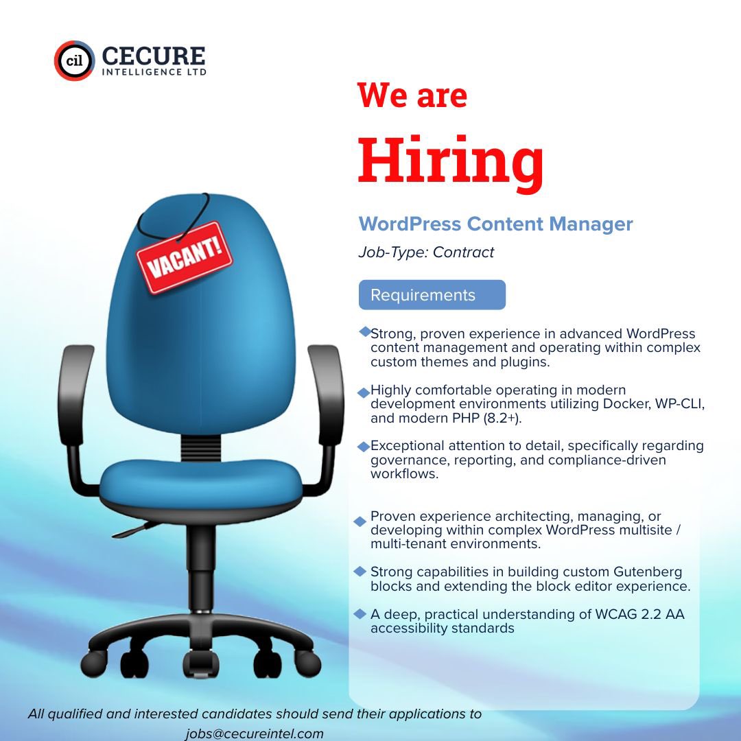 job_openings_ng's tweet photo. We’re Hiring! 🚨
Position: WordPress Content Manager
Location: Ikeja GRA
Job Type: Contract

📧 Apply: Send your CV to jobs@ceecureintel.com

#Hiring #WordPress #ContentManager #TechJobs https://t.co/efdsjFDf8o