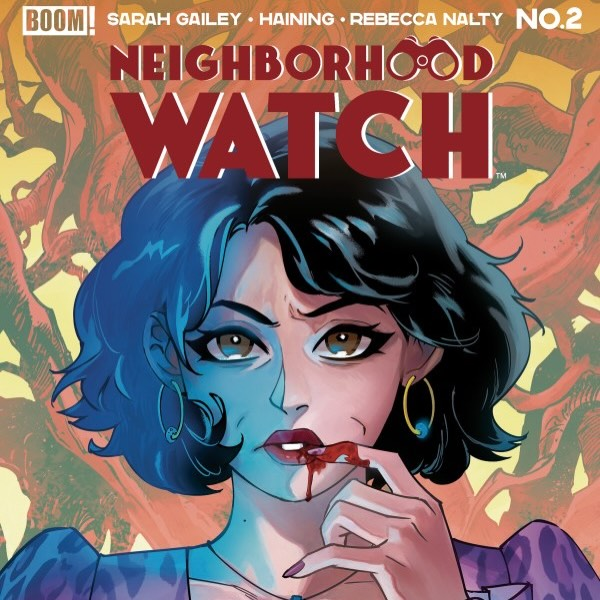 Get ready! Neighborhood Watch #2 drops this Wednesday.🩸🍷

W: Sarah Gailey
A:@hainingart
C: Rebecca Nalty
L: Jodie Troutman 
E: Elizabeth Brei

@boomstudios
#neighborhoodwatch #thriller #comicbook 