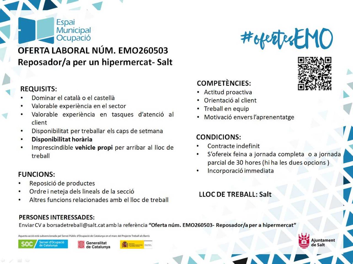SaltOcupacio's tweet photo. 📢Atenció! #Ofertesdefeina #Salt
📩CV's a borsadetreball@salt.cat
ℹ️ 👇 https://t.co/7YQgH9PBiC