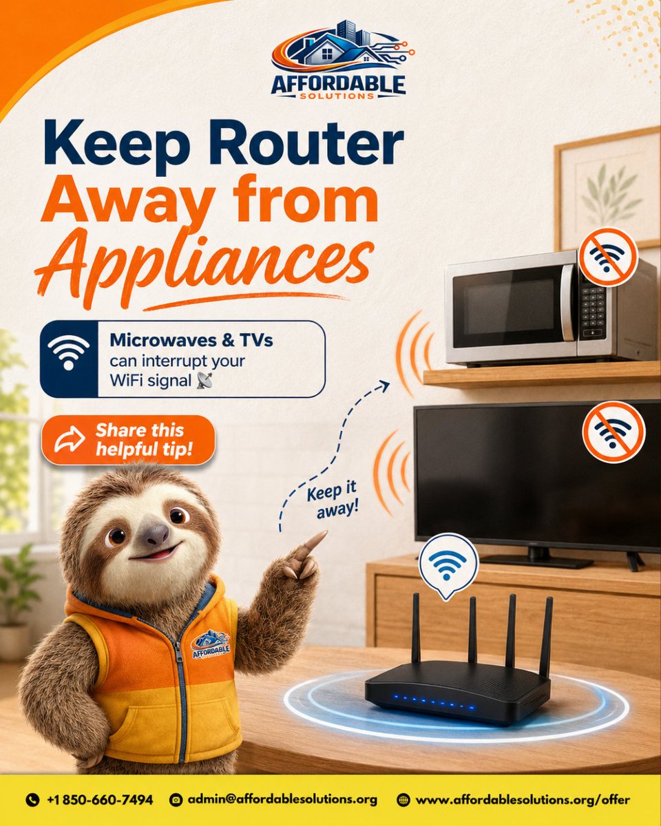 Affordable43652's tweet photo. Router Placement Matters

Keep your router away from TVs and microwaves for a stronger WiFi signal.

Call: (850) 660-7494
Visit: https://t.co/LZotzNAqAF
Email us at: admin@affordablesolutions.org

#WiFiTips  #FastInternet #HomeWiFi #TechTips #InternetHack #AffordableSolutions https://t.co/EIjJh1DyPP