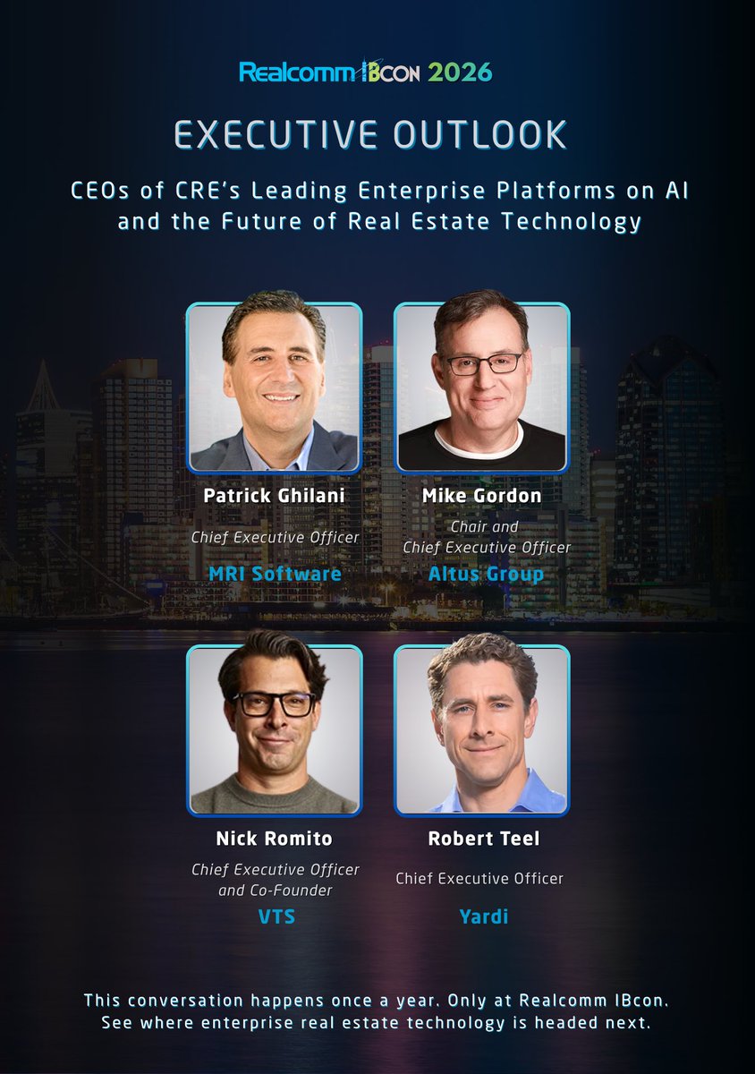 RealcommEvents's tweet photo. CRE’s biggest tech CEOs take the main stage at Realcomm IBcon 2026.
Candid talk on AI and the future of enterprise real estate tech. Once a year. Only here.
Register: https://t.co/xvQby9yJJ4
#realcomm2026 #cre #ai https://t.co/PJt9HL7atg