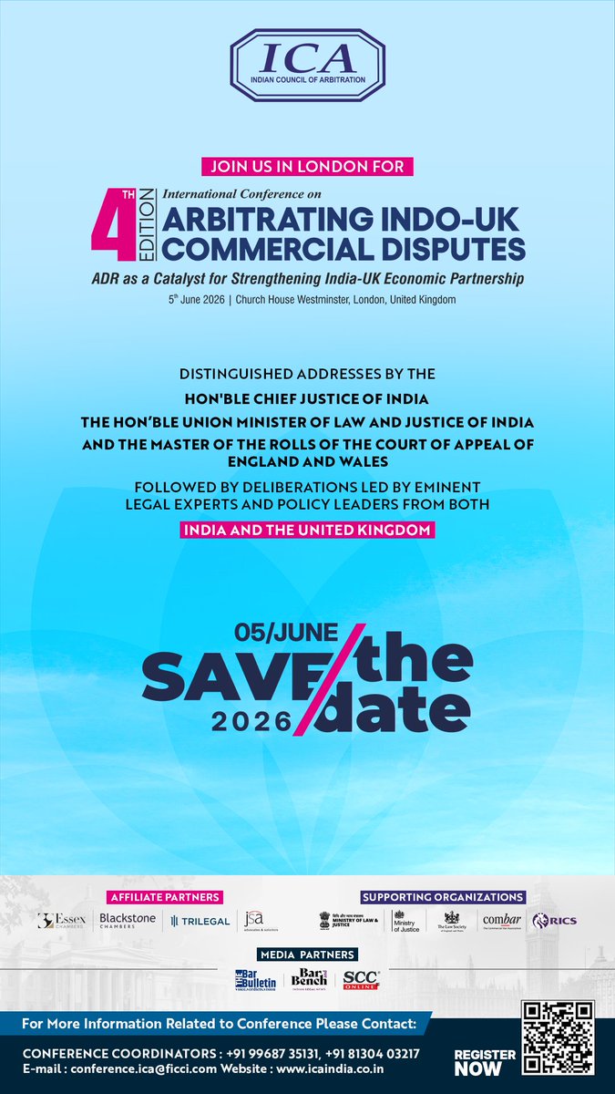 ICArbitration's tweet photo. Join the Indian Council of Arbitration for the 4th Edition of International Conference on “Arbitrating Indo-UK Commercial Disputes” on 5th June 2026 at Church House Westminster during LIDW’26.

Register: https://t.co/ZSy1WRSmXZ https://t.co/5pOZpIVqCh