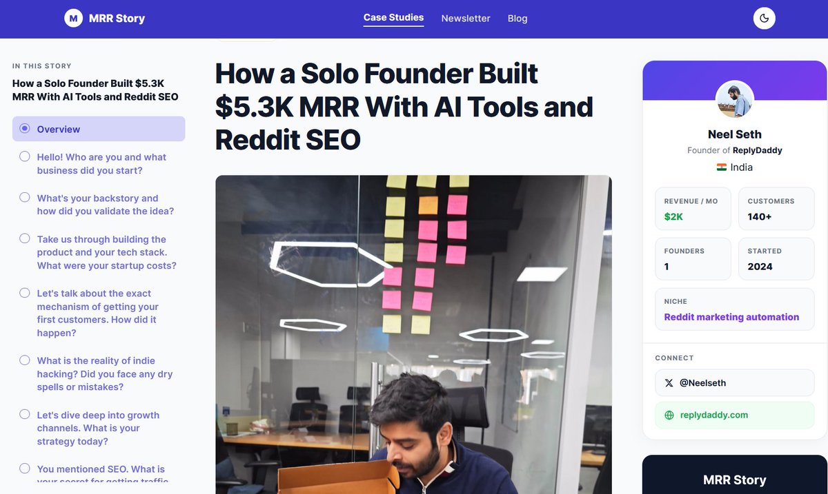 md_farhadx's tweet photo. 🚀Solo Indian founder quits corporate job → builds $5.3K MRR with AI tools + Reddit SEO in under 2 years

No team. No VC. Just Claude as coding partner + smart organic plays

Neel Seth (@Neelseth) shares the full playbook ReplyDaddy ($1.5K MRR) + NoobBookLM ($3.8K MRR)

Thread👇 https://t.co/cHvSDyk7aC