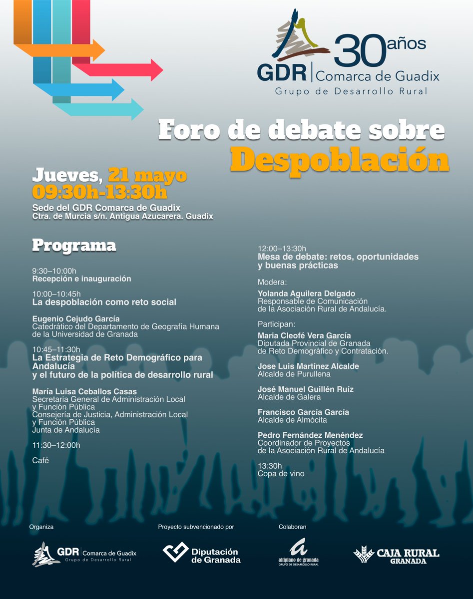 GDR_GUADIX's tweet photo. Foro de debate sobre Despoblación.
Este jueves, 21 de mayo, de 09:30 a 13:30h, en la sede del GDR Comarca de Guadix
Ctra. de Murcia s/n, antigua Azucarera de Guadix.

Una jornada para analizar uno de los grandes retos sociales, territoriales y económicos de nuestro medio rural. https://t.co/7G56rAj3AO