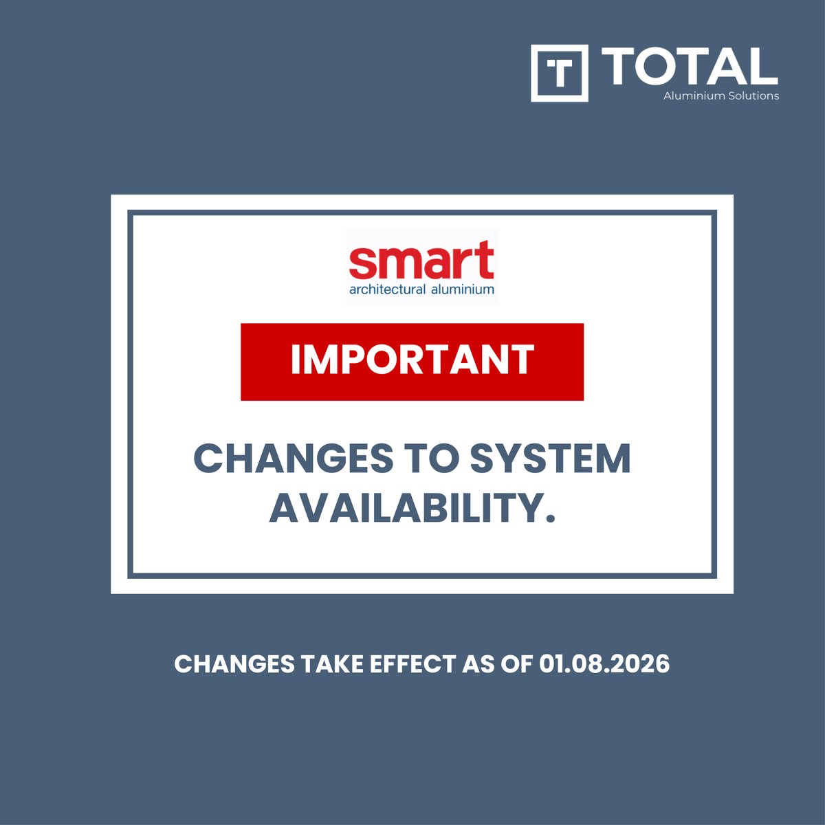 totalinstall1's tweet photo. ⚠️Important Notice: Smart Systems Updates

From the 01st of August 2026 the following systems will no longer be available to order.

Alitherm 300, 600, 700, 800, EcoFutural

More info:  https://t.co/byAzzz5Iqq

Please contact us immediately if this affects live projects. https://t.co/D6Vav4UZQZ
