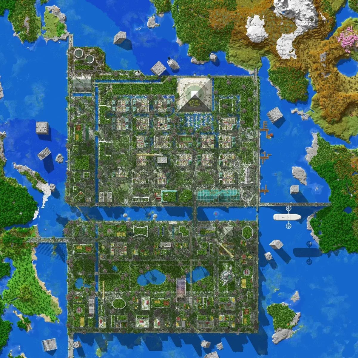 FrMinecraft's tweet photo. Mosslorn est une map Minecraft de 1000x1000 blocs où une cité abandonnée a été reprise par la nature https://t.co/eiWyNZu9Lq