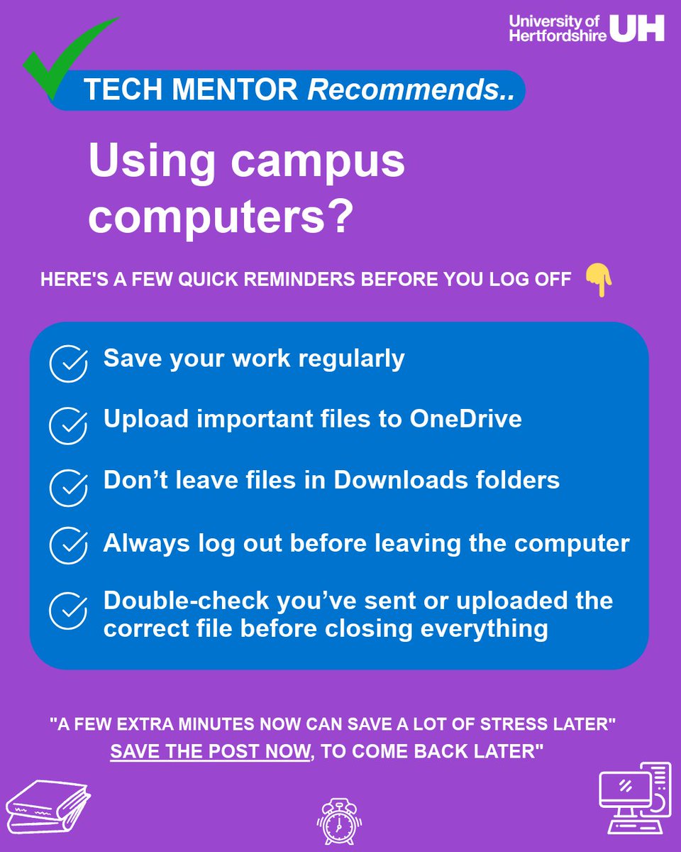 UHTechmentor's tweet photo. 💻 Using campus computers this week?

Before you leave the LRC, take a minute to save your work, upload important files, and log out properly 👀

Trust us, future you will be grateful 💛

@UniofHerts https://t.co/f1sp40Hjoq