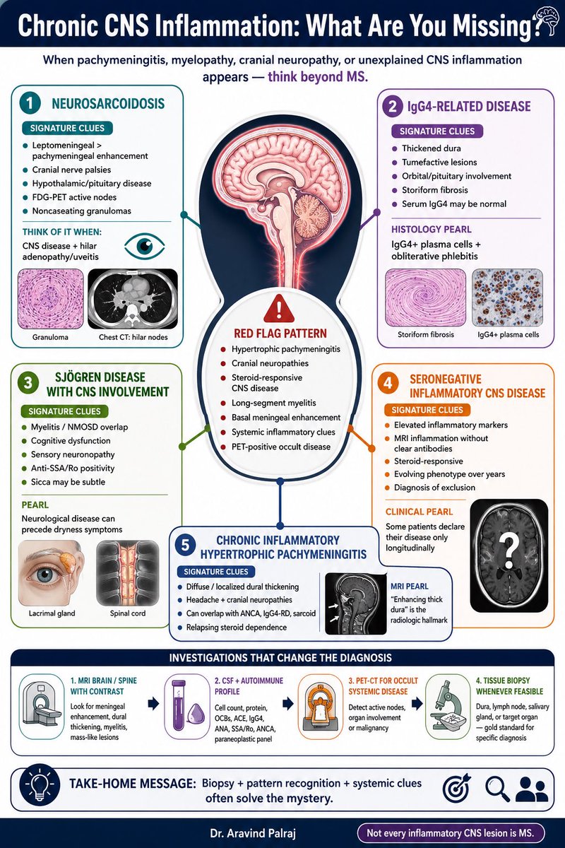 Rheumat_Aravind's tweet photo. 🧠 Not every inflammatory CNS lesion is MS.

When you see:
• Pachymeningitis
• Cranial neuropathies
• Long-segment myelitis
• Steroid-responsive CNS disease
• Basal meningeal enhancement

Think beyond demyelination.

Key neuro-rheumatology mimics:
🔹 Neurosarcoidosis
🔹 IgG4-related disease
🔹 Sjögren disease
🔹 Seronegative inflammatory CNS disorders
🔹 Chronic inflammatory hypertrophic pachymeningitis

MRI + systemic clues + PET-CT + biopsy often reveal the answer.

#Rheumatology #Neurology @docakx @IhabFathiSulima @DocPriyamMD @DrNikhilMD @Drkhenaizan #Neuroimmunology #MedTwitter #FOAMed #MedEd #Pachymeningitis #CNSInflammation