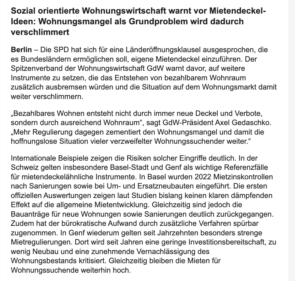 K_Moessbauer's tweet photo. Die sozial (!) orientierte Wohnungswirtschaft in Form des GdW warnt vor dem Mietendeckel und fordert stattdessen bessere Rahmenbedingungen für Wohnungsbau: 

„Bezahlbares Wohnen entsteht nicht durch immer neue Deckel und Verbote, sondern durch ausreichend Wohnraum“, sagt GdW-Präsident Axel Gedaschko. „Mehr Regulierung dagegen zementiert den Wohnungsmangel und damit die hoffnungslose Situation vieler verzweifelter Wohnungssuchender weiter.“

Viel wichtiger: schnellere Genehmigungen, niedrigere Baukosten, verlässliche Förderung und weniger bürokratische Hürden.