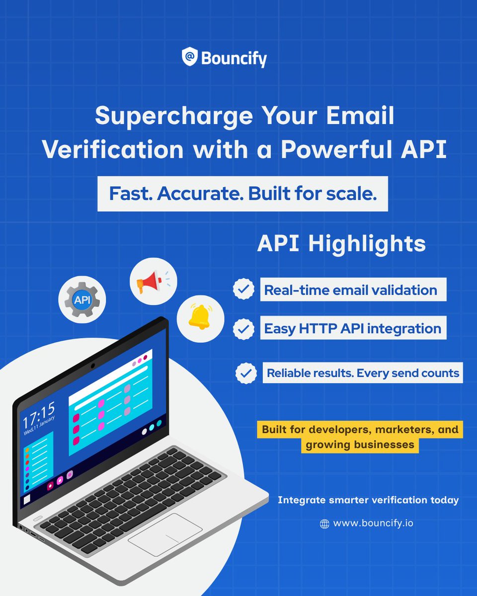 bouncifyio's tweet photo. 🚀 Verify emails in real time with a powerful API built for speed and scale.
Built for developers, marketers &amp; growing businesses.
🌐 https://t.co/XQgAMoM11X
#EmailVerification #API #DeveloperTools #EmailMarketing #Bouncify #SaaS #BulkEmail https://t.co/vhjv5WU1m4