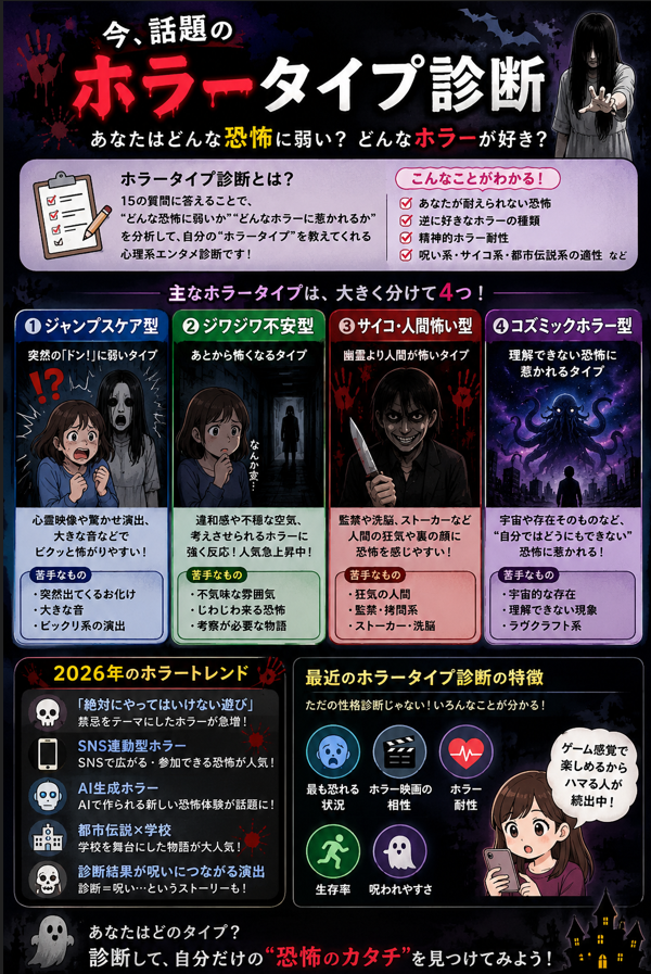 gachapea's tweet photo. 最近流行ってる「ホラータイプ診断」って、自分がどんな怖さに弱いか分かる心理テストみたいなやつ👻

「急に驚く系」

「人間が怖い系」

「ジワジワくる系」

とかに分かれてて、今はAIホラーや都市伝説系が特に人気らしいです。 https://t.co/hYPYLhxmtV